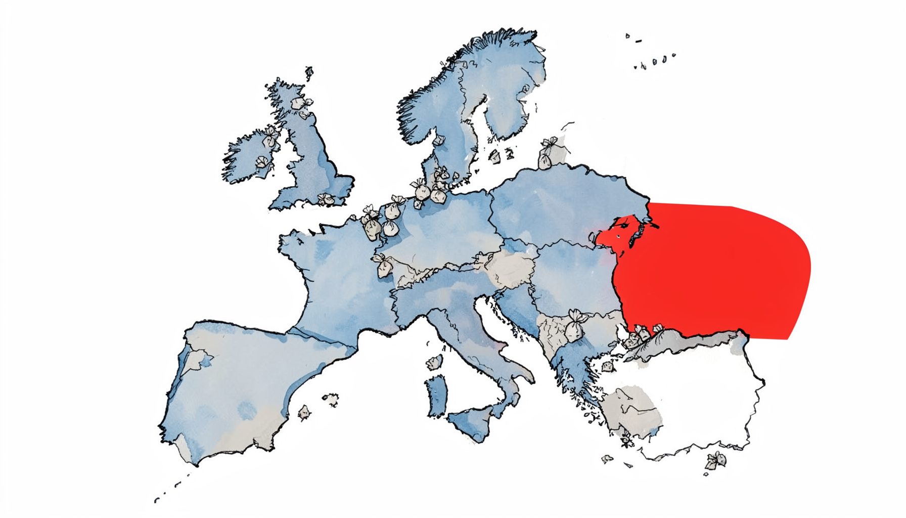 Ilustración a tinta de un mapa de Europa con pequeños paquetes sobre los países, en tonos azulados y grises cálidos