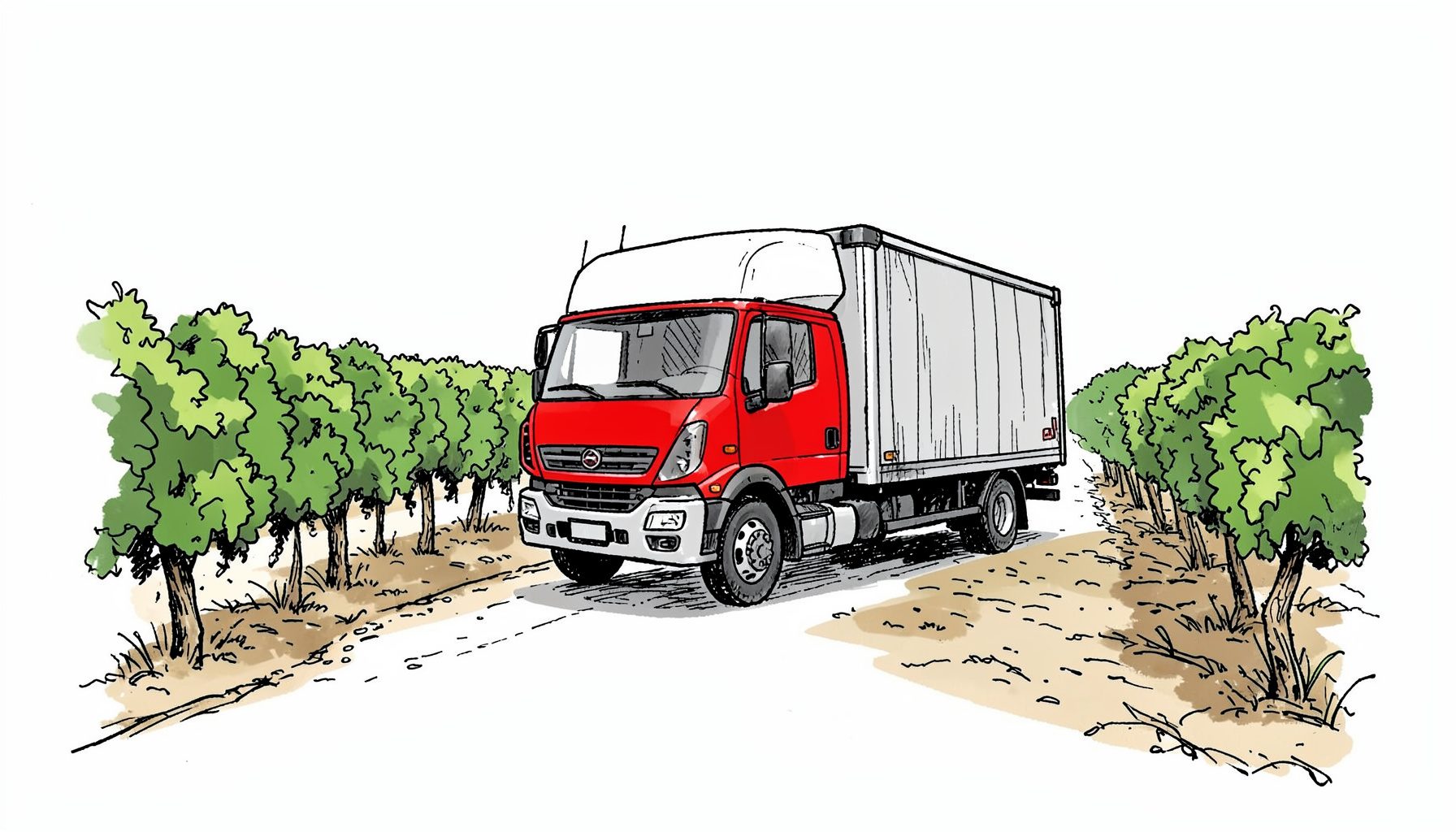 Ilustración a tinta de un camión de reparto circulando por una carretera entre viñedos, con tonos verdes y tierra