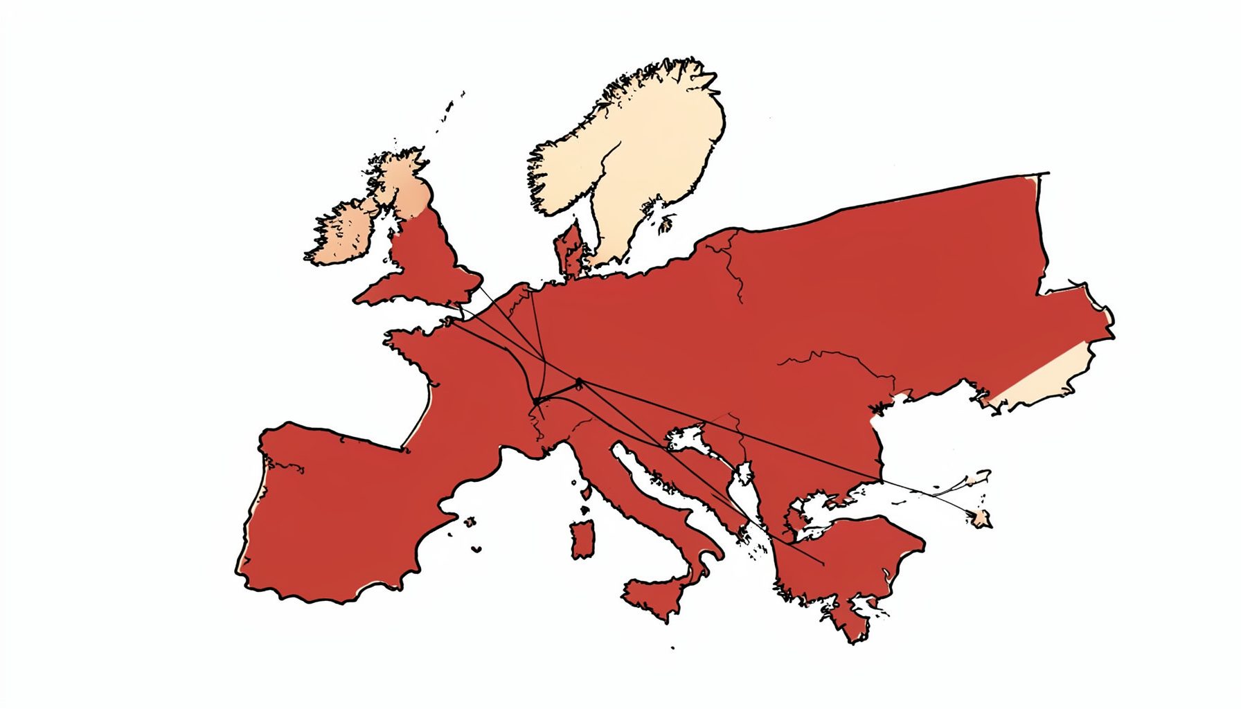 Ilustración a tinta de un mapa de Europa con rutas de distribución trazadas con líneas finas, sobre un fondo cálido de tonos burdeos y crema
