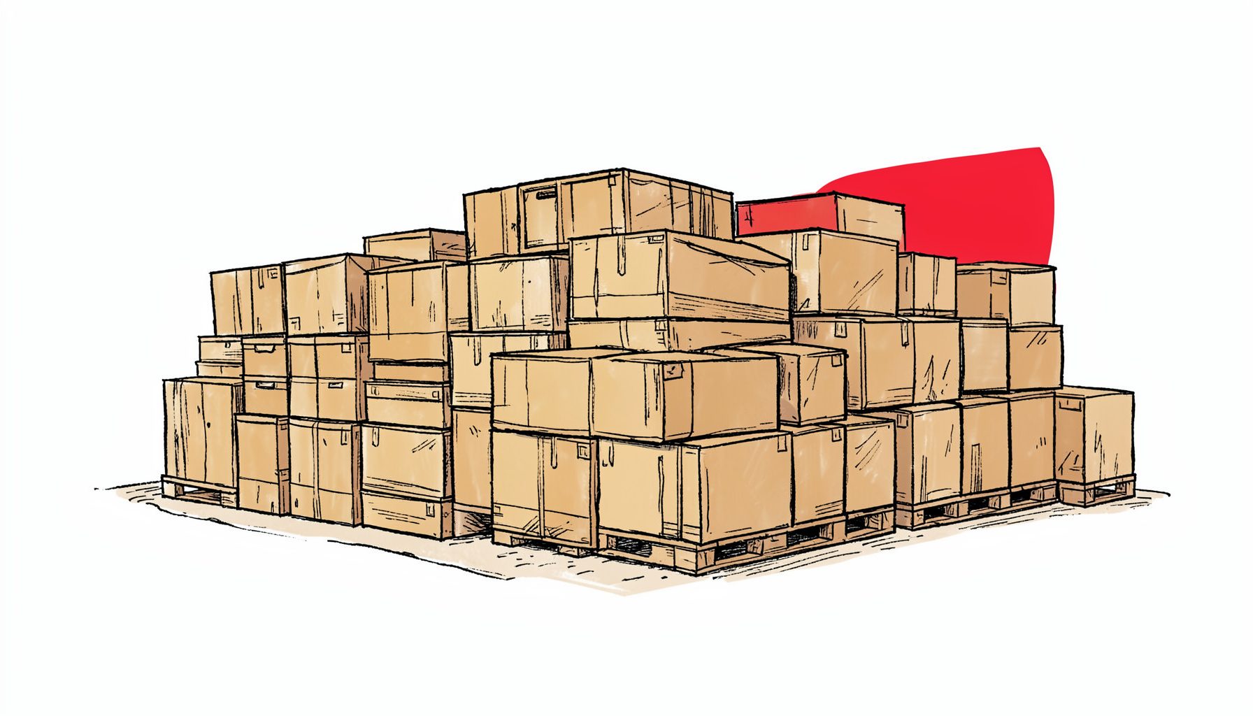 Ilustración a tinta de un almacén logístico con cajas de madera apiladas, en tonos ocres y marrones suaves