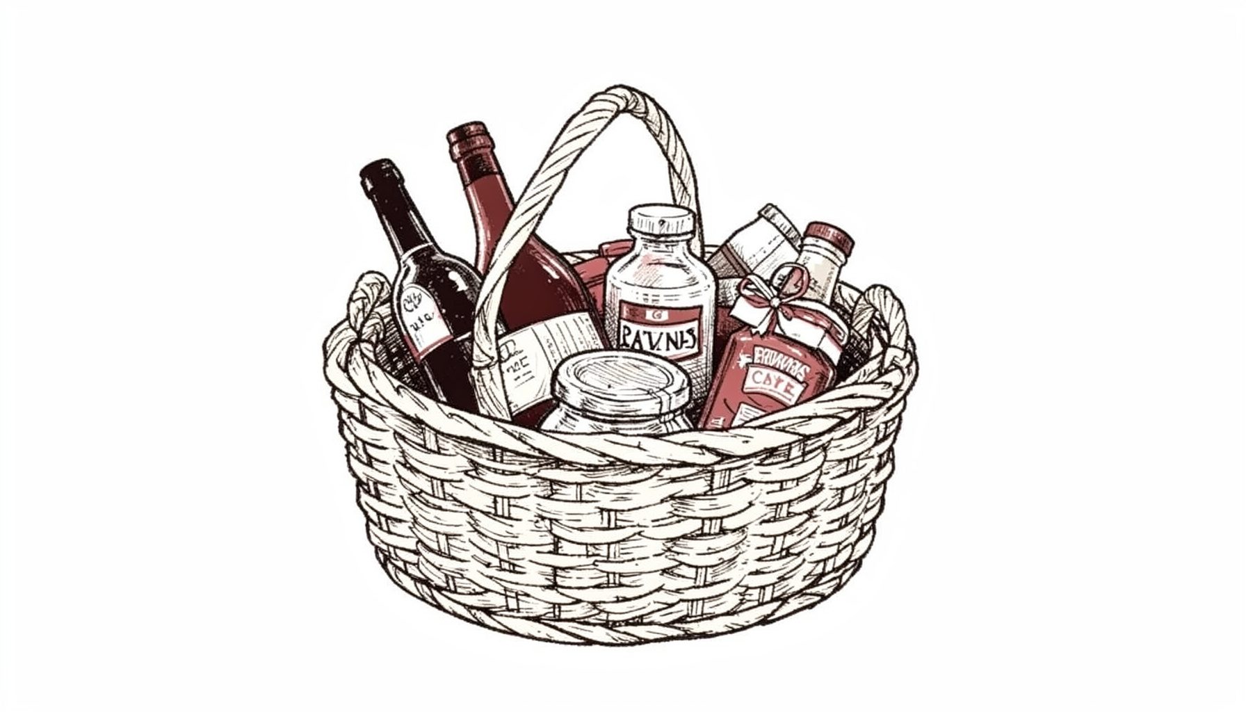 Ilustración a tinta de una cesta de mimbre con botellas de vino, frascos de conservas y lazos, en tonos sepia y rojo apagado
