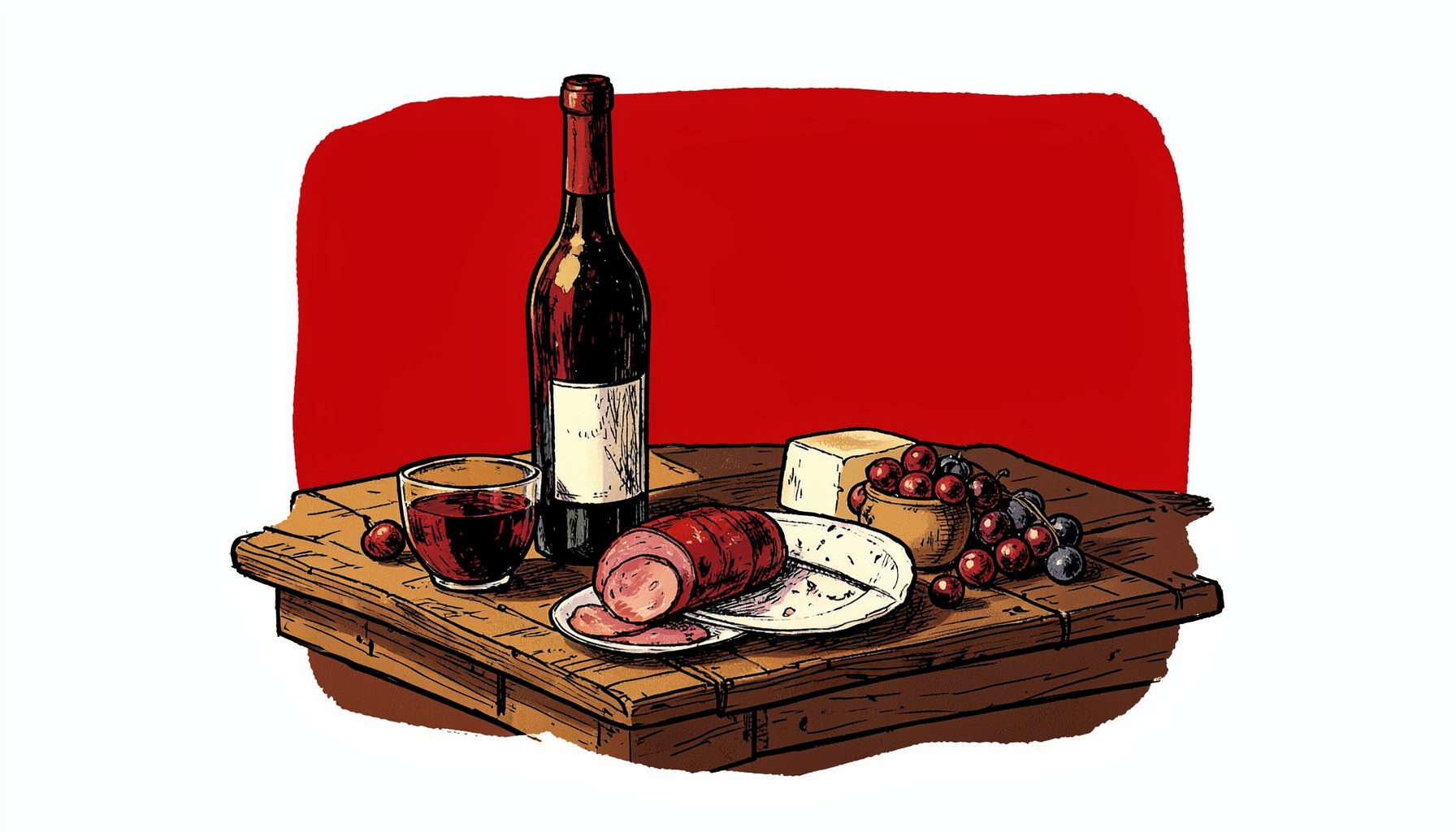 Ilustración dibujada a mano con tinta de una mesa rústica con botellas de vino tinto, una copa, jamón ibérico loncheado, queso y uvas, en tonos cálidos rojo oscuro, ocre y crema sobre fondo marrón profundo
